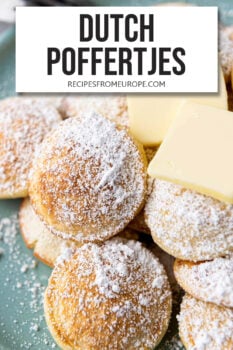mini pancakes with powdered sugar and butter on plate and text overlay "Dutch Poffertjes".