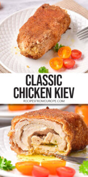 rolled and filled piece of chicken on white plates with text overlay "classic chicken kiev".