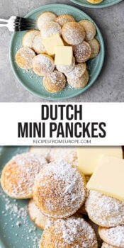small pancakes with powdered sugar and butter on plate and close up photo of the same with text overlay "Dutch Mini Pancakes".