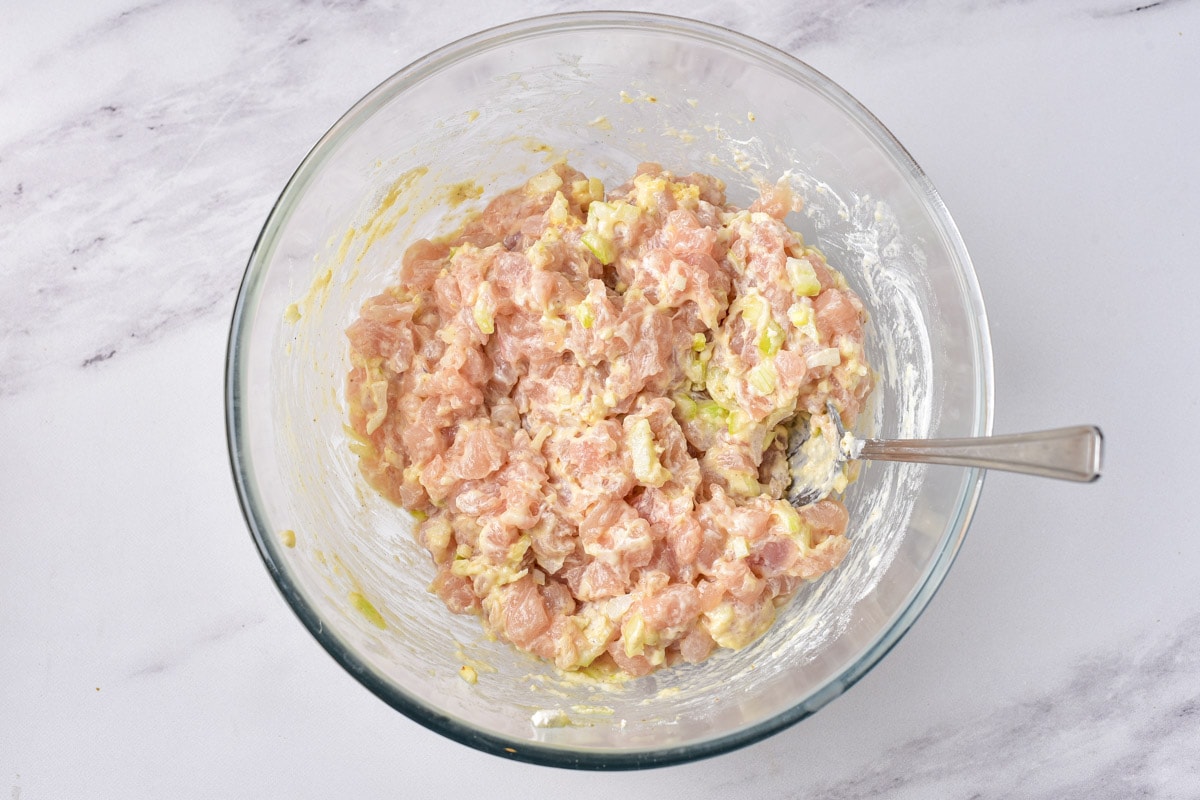 blended raw chicken mixture in clear glass bowl with spoon sticking out.