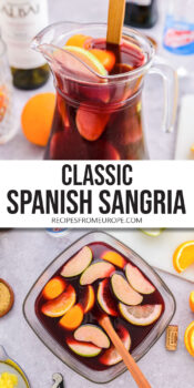 Red wine sangria with slices of fruit in jug with text overlay "classic Spanish sangria".