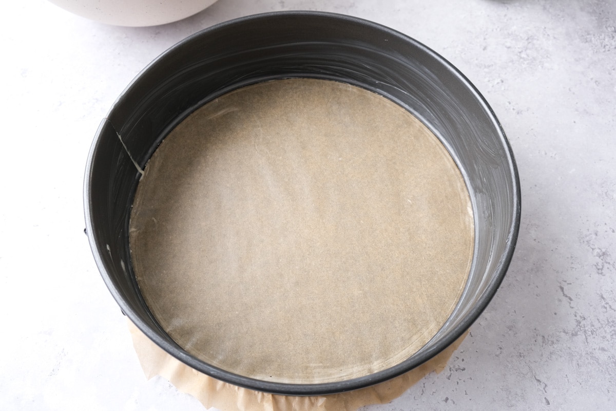 round springform pan lined with parchment paper in the bottom.