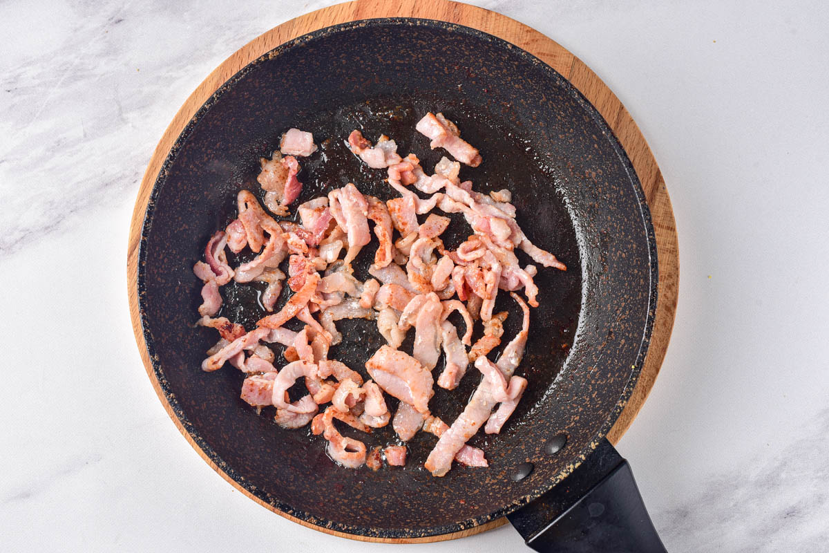small pieces of cut up bacon in black frying pan with counter around.