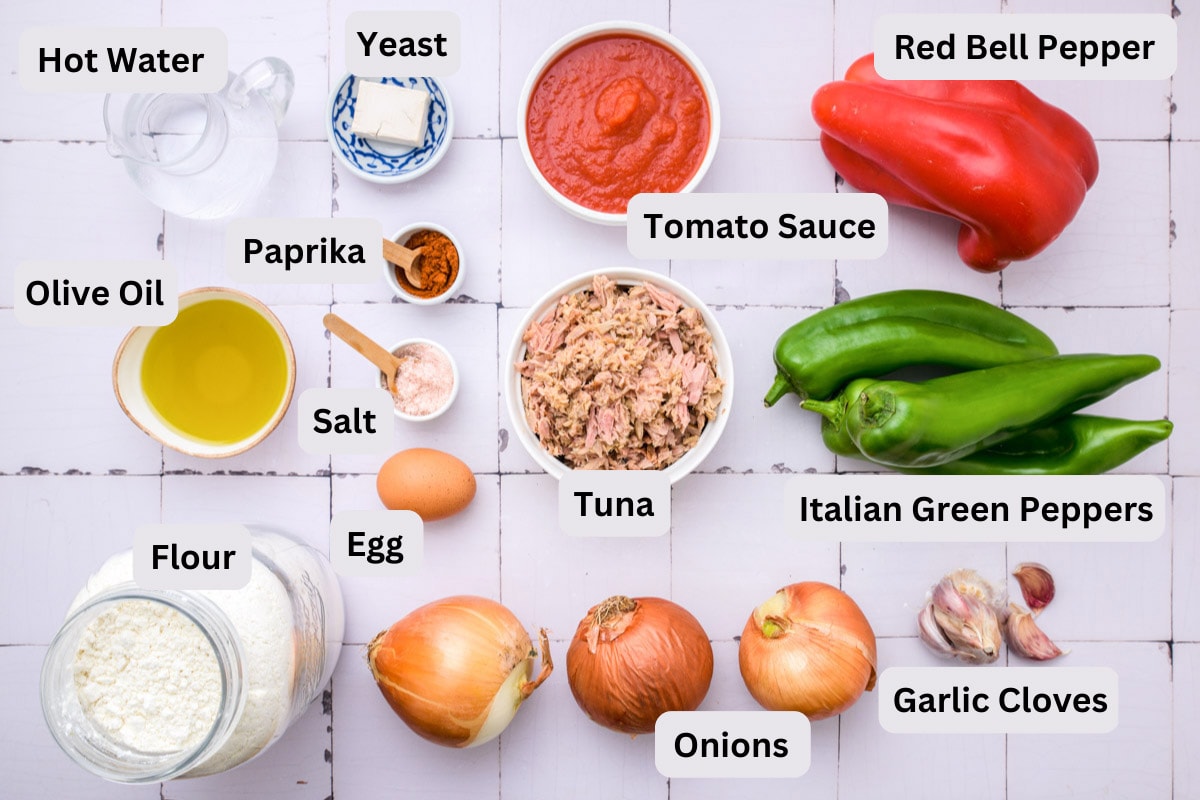ingredients to make empanada gallega like tuna and peppers on counter with labels.