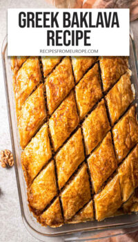 sliced Baklava in baking dish with text overlay "Greek Baklava recipe".