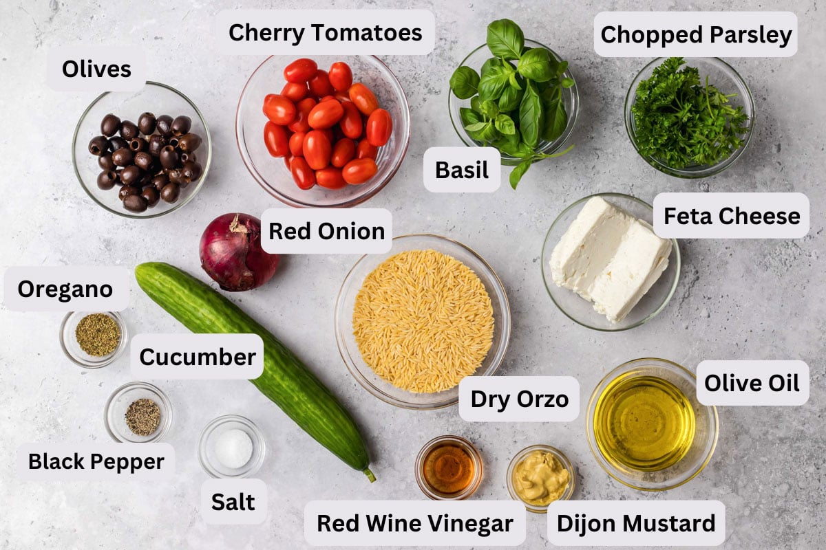 ingredients to make ozro salad like pasta and vegetables on counter in bowls with labels.