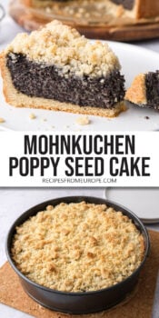 slice of poppy seed cake on plate and whole cake in springform pan with text overlay "Mohnkuchen Poppy Seed Cake".