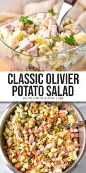 creamy potato salad in small clear bowl and potato salad ingredients in large bowl with text overlay "classic olivier potato salad".