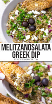 eggplant dip with parsley, feta, and olive, and slice of bread being dipped plus text overlay "Melitzanosalata Greek Dip".
