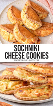 folded cookies with cheese filling on plate with text overlay "sochniki cheese cookies".