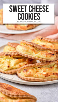 baked cookies with cheese filling on plates and text overlay "sweet cheese cookies".