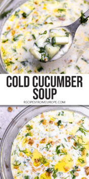 cold soup with cucumber slices in bowl and text overlay "cold cucumber soup".