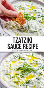 tzatziki in bowl with hand dipping cracker into it and text overlay "tzatziki sauce recipe".