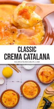 crema catalana with hard top on spoon and rest of bowl in background and top down view of more bowls plus text overlay "classic crema catalana".