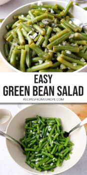 green bean salad with onions in serving bowl and in mixing bowl with spoons plus text overlay "easy green bean salad".
