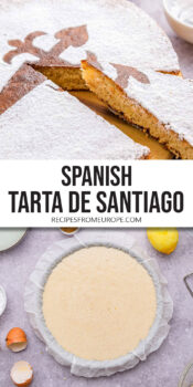 cooked tarta de santiago with slice taken out and uncooked cake in form with text overlay "Spanish tarta de santiago".