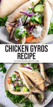 chicken gyros in pita bread on plate with text overlay "chicken gyros recipe".