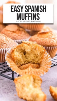 cooked muffins on cooling rack, one with bite taken out, and text overlay "Easy Spanish Muffins".