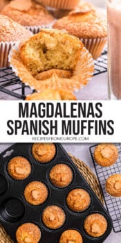 cooked muffins on cooling rack, one with bite taken out, and muffins in muffin tin with text overlay "magdalenas Spanish muffins".