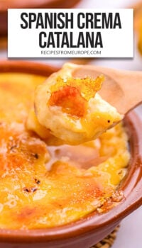crema catalana on spoon with rest in bowl behind and text overlay "Spanish crema catalana".
