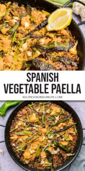 vegetable paella in black paella pan with cooked vegetables on top and text overlay "Spanish vegetable paella".