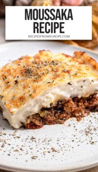 slice of moussaka on plate and text overlay "Moussaka recipe".