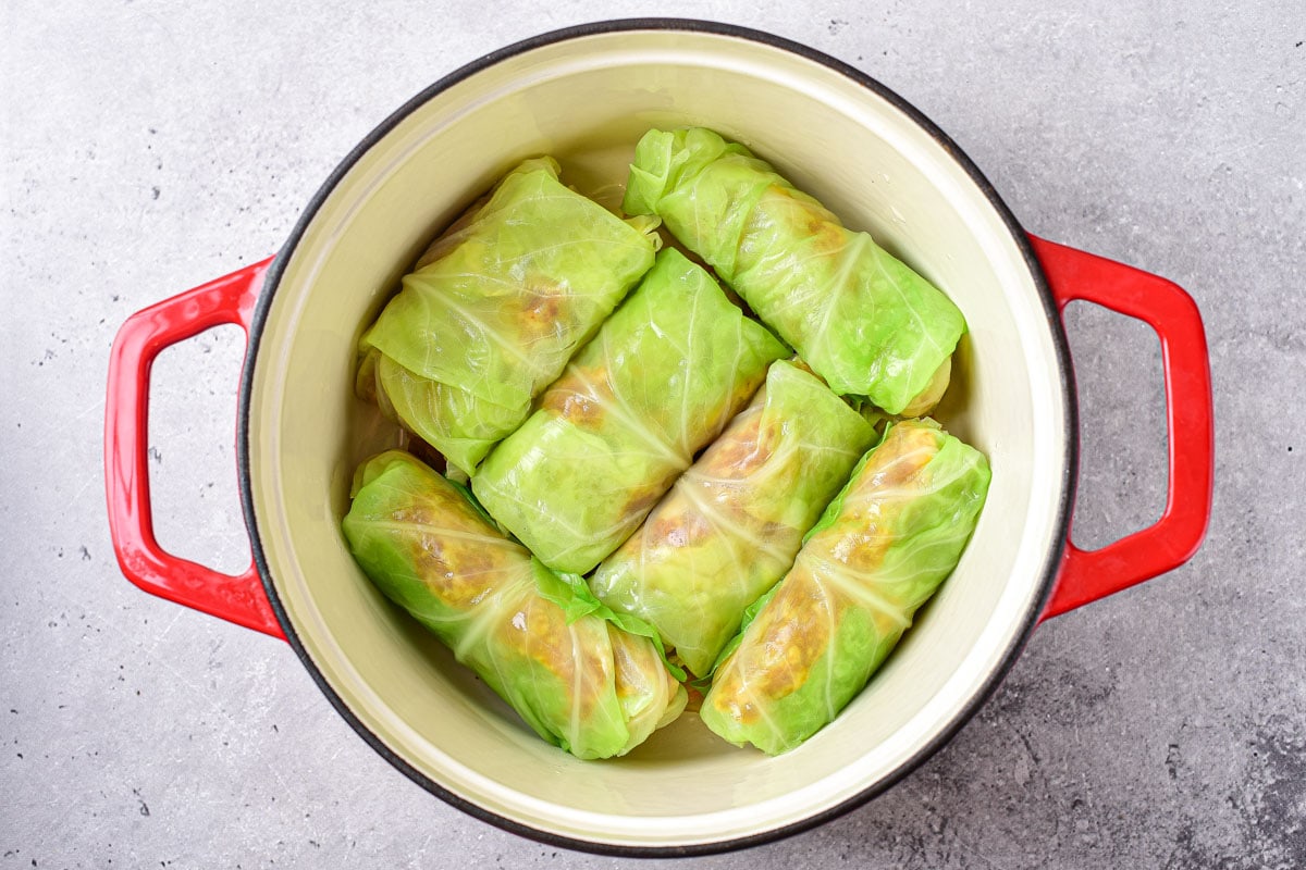 six raw green cabbage rolls sitting in large pot with handles.