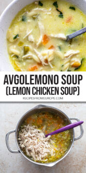 chicken soup in small white bowl and in large pot with text overlay "Avgolemono Soup Lemon Chicken Soup".