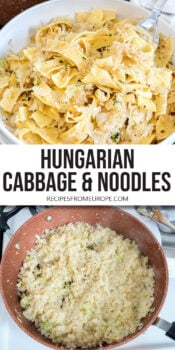 cooked shredded cabbage and noodles in bowl and in pan with text overlay "Hungarian Cabbage & Noodles".