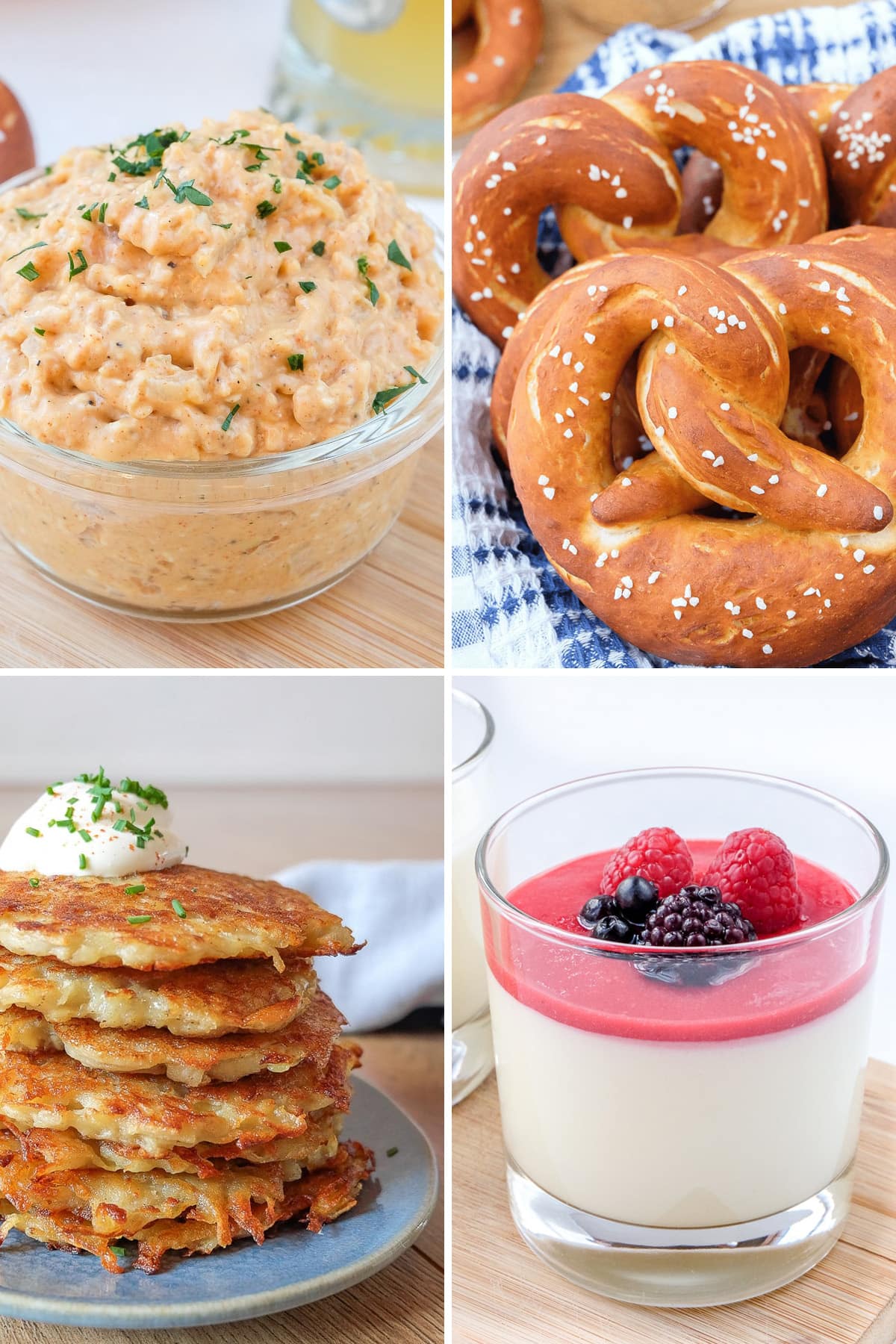 photo collage of German Oktoberfest dishes including Obatzda, pretzels, potato pancakes and bavarian cream.
