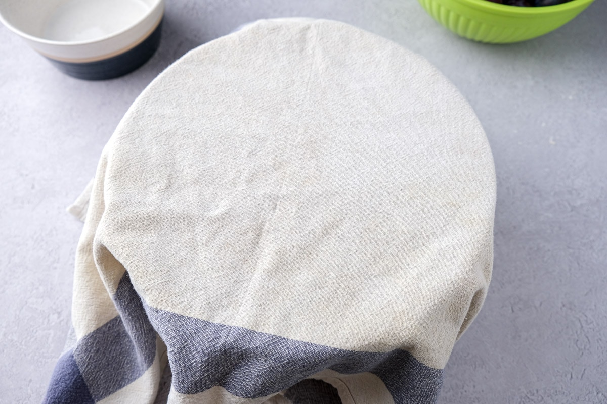 dish towel covering bowl filled with rising dough on counter top.