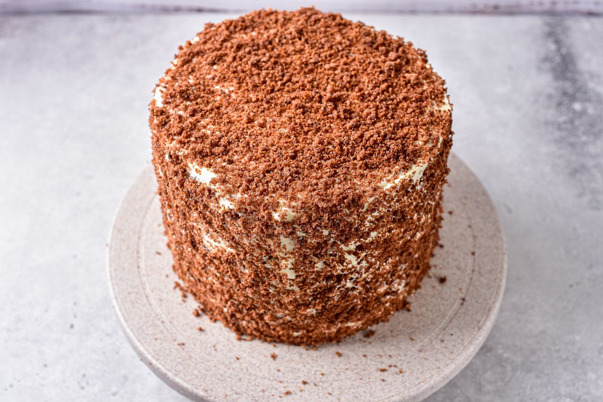 honey cake covered in crumbs and icing sitting on round cake pedestal.