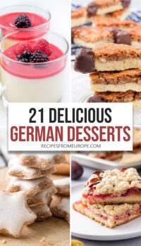 photo collage of German desserts including Bavarian cream and nut bars with text in center "21 Delicious German Desserts".