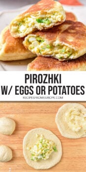 hand pies stacked on plate and dough with filling in the middle plus text overlay "pirozhki with eggs or potatoes".