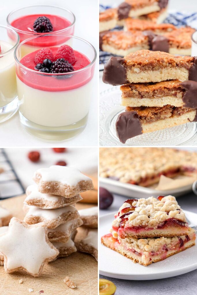 four photos in a collage showing german desserts.