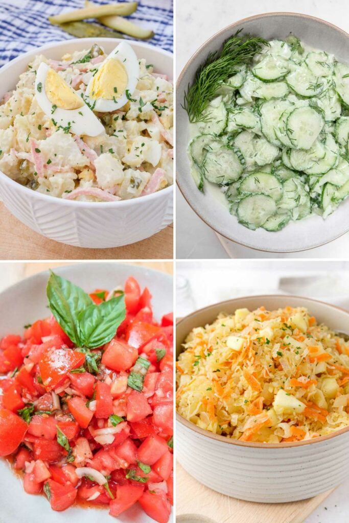 vertical photo collage of four german salads in bowls.