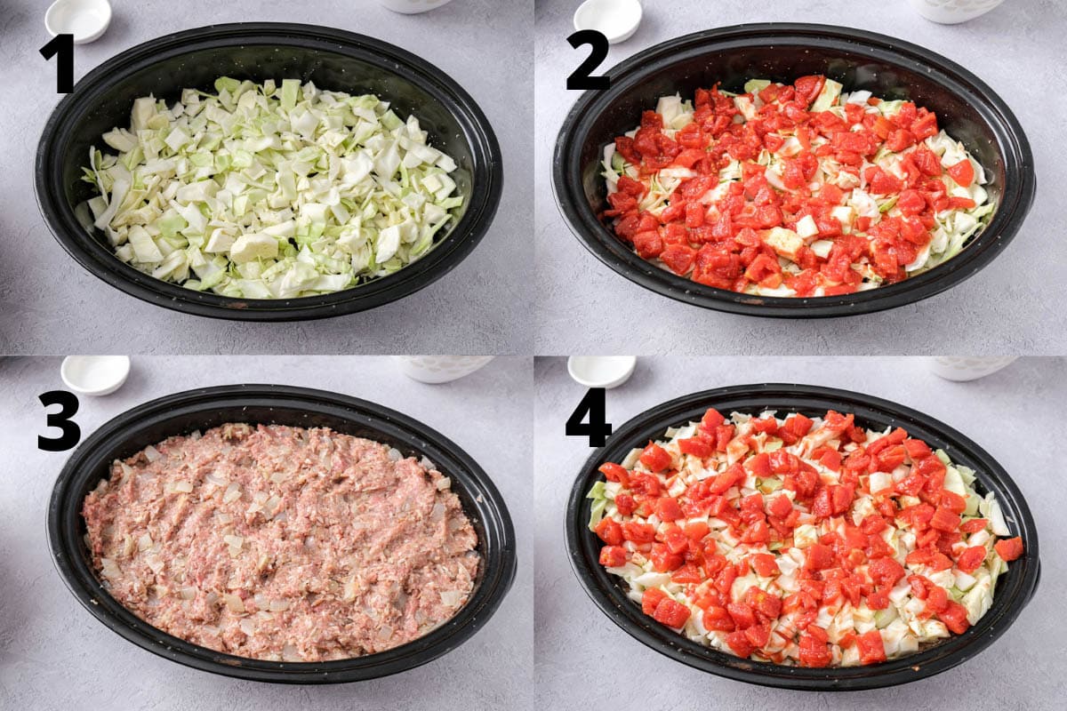 four photo collage pf the steps to make cabbage roll casserole layers.