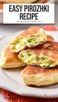 hand pies with egg filling on white plate with text overlay "easy pirozhki recipe".
