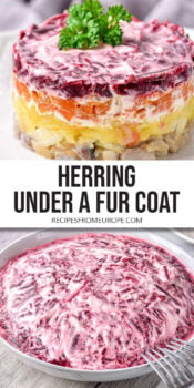 layered salad on plate and salad bowl with beet layer on top plus text overlay "herring under a fur coat".