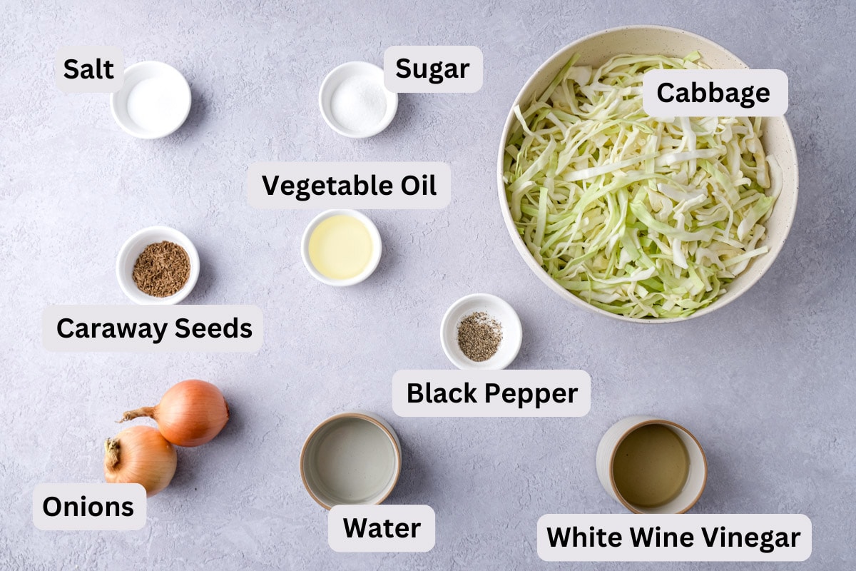 ingredients to make coleslaw on counter in bowls with labels.
