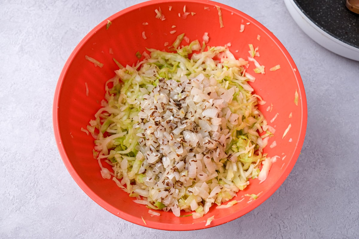 onions and caraway seeds on shredded cabbage in red mixing bowl.