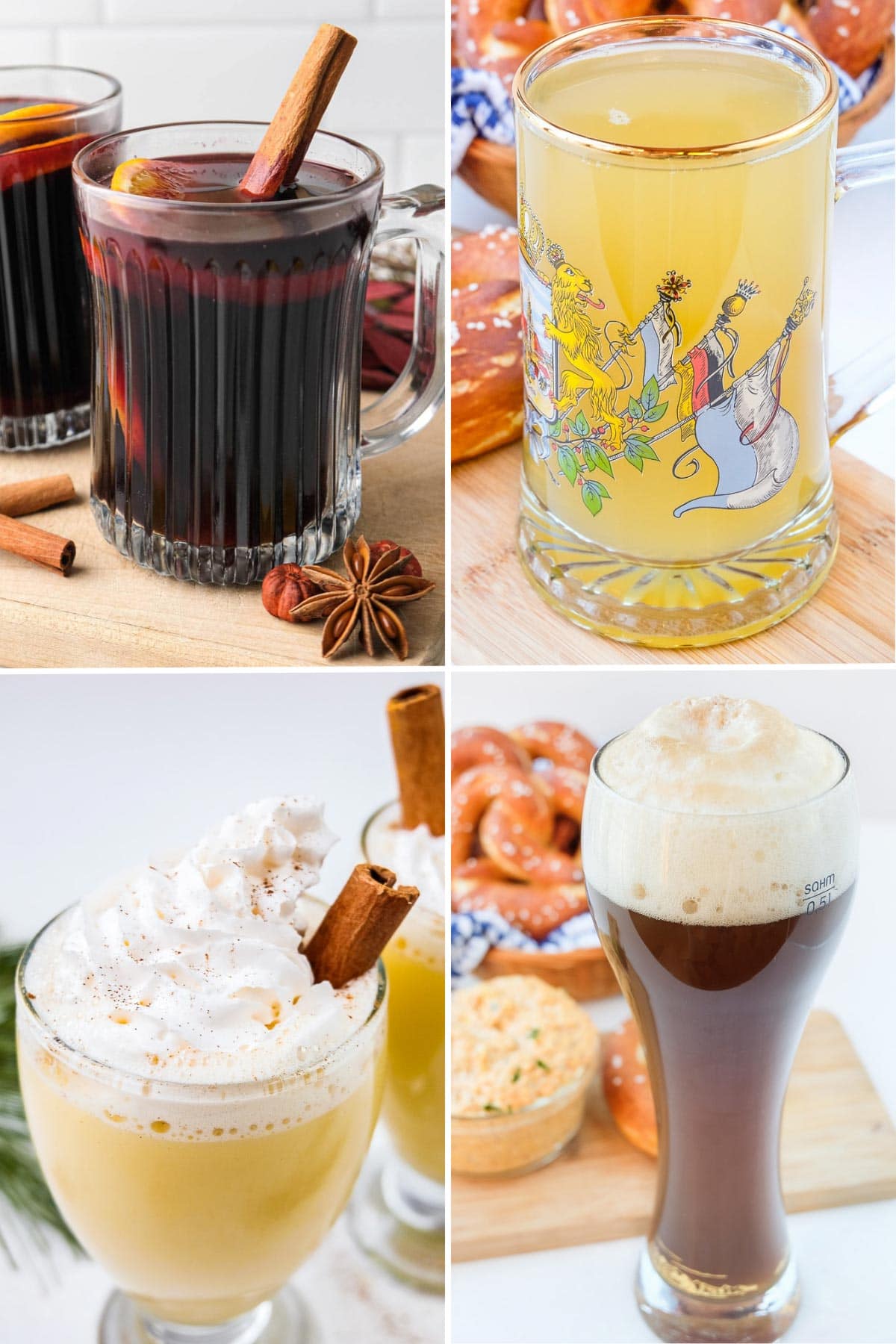 vertical photo collage of four german drinks in their glasses.