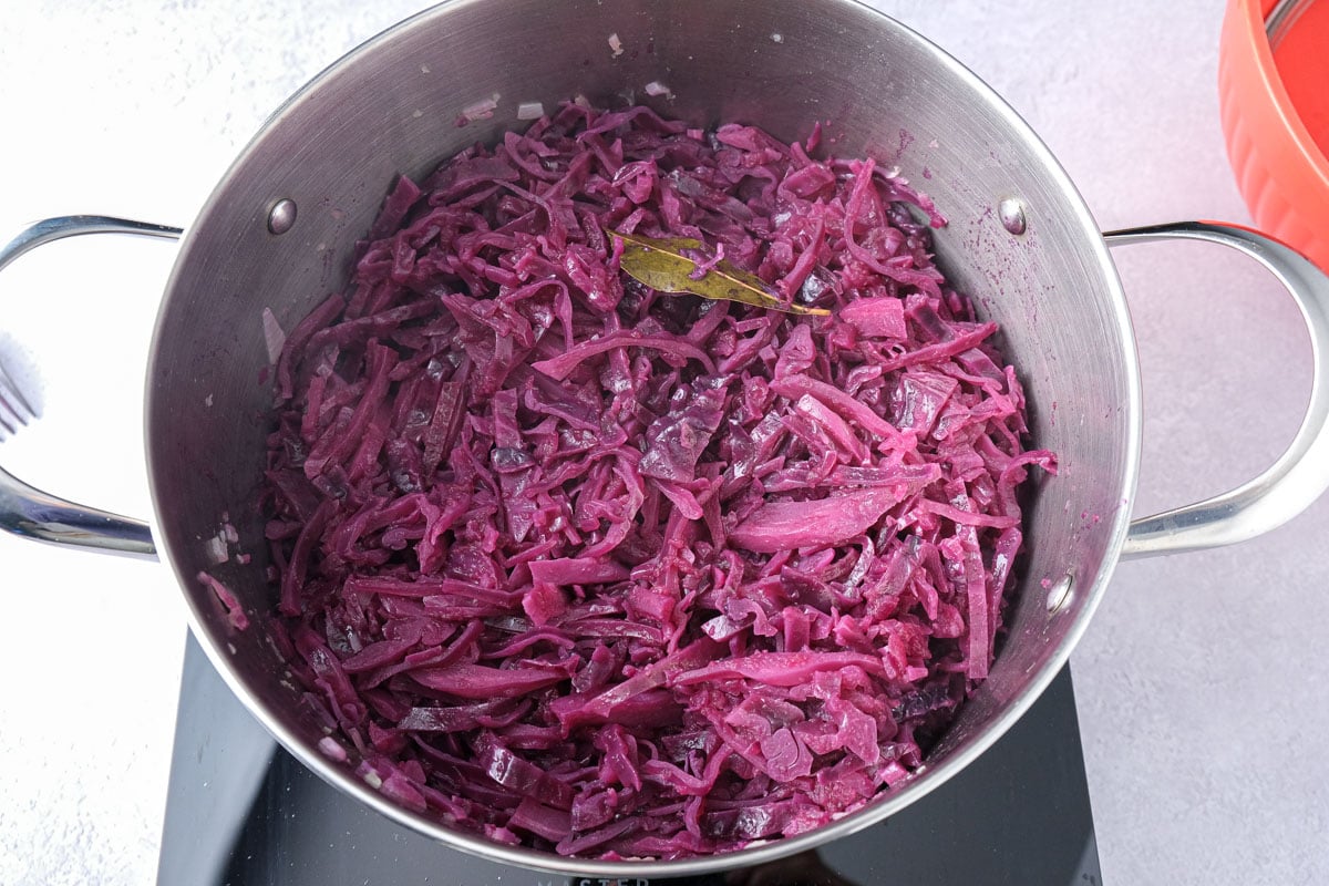 cooked red cabbage in silver pot on hot plate with counter top around.
