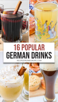 photo collage of German drinks including glasses of mulled wine and Radler beer with text overlay "16 popular German drinks".