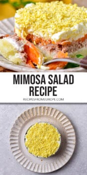 small mimosa salad on plate with layers visible and top of mimosa salad in mold with text overlay "mimosa salad recipe"