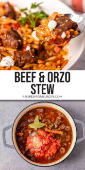 beef stew with orzo in bowl with spoon and in pot with text overlay "beef & orzo stew".