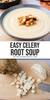 celery root soup with croutons in bowl and celery cubes on cutting board with text overlay "easy celery root soup".