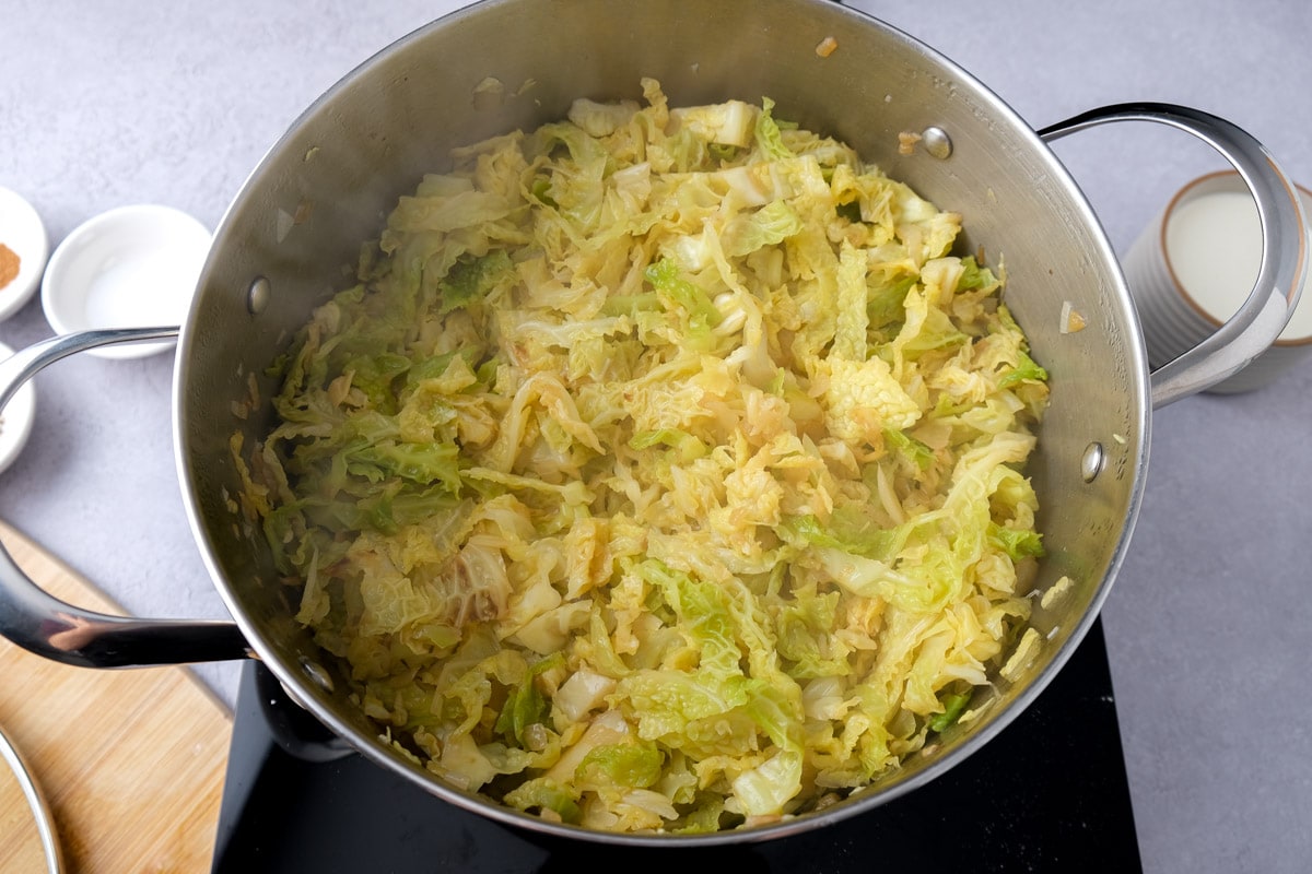cooked savoy cabbage in large silver pot on hot plate.