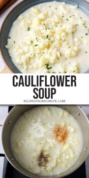 cauliflower soup with chunks in bowl and in pot with spices and text overlay "cauliflower soup".