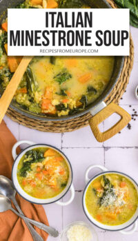 vegetable soup in bowl and pot with text overlay "Italian Minstrone Soup".